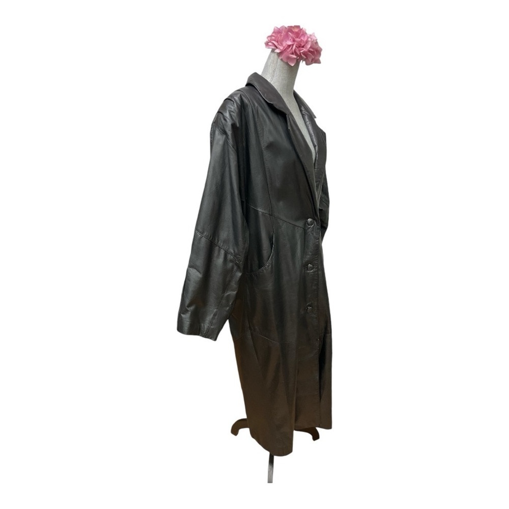 VTG G-III Genuine Leather Trench Coat Long Black Overcoat L Made in Indonesia - Picture 3 of 15